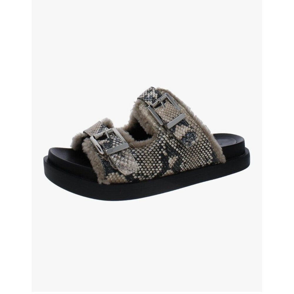 Aerosoles Olivia Slide Sandals Faux Leather/Snakeskin Silver Buckle Sherpa 10.5